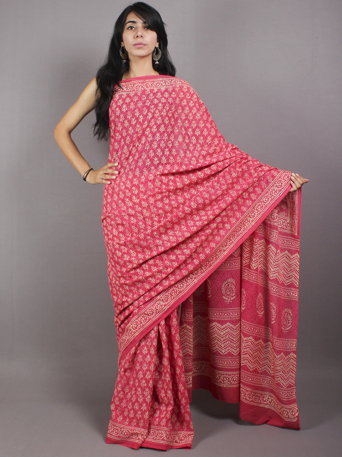 Pink Beige Hand Block Printed Cotton Saree in Natural Colors - S03170577