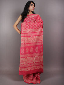 Pink Beige Hand Block Printed Cotton Saree in Natural Colors - S03170577