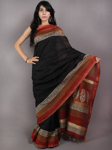 Black Brown Red Hand Block Printed in Natural Vegetable Colors Chanderi Saree With Geecha Border - S03170545