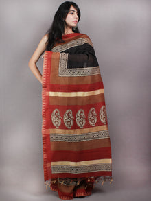 Black Brown Red Hand Block Printed in Natural Vegetable Colors Chanderi Saree With Geecha Border - S03170545