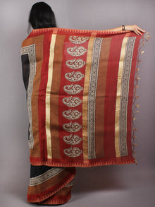 Black Brown Red Hand Block Printed in Natural Vegetable Colors Chanderi Saree With Geecha Border - S03170545