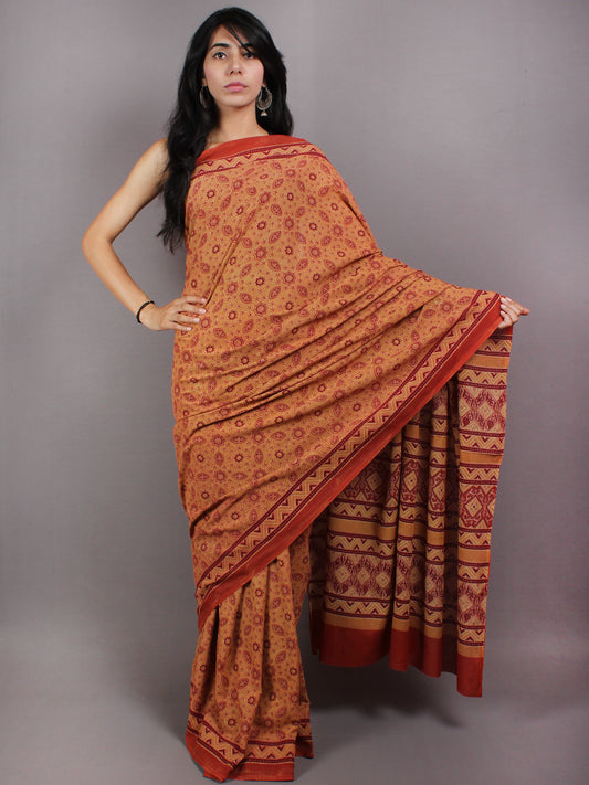 Scarlet Red Mustard Mughal Nakashi Ajrakh Hand Block Printed in Natural Vegetable Colors Cotton Mul Saree - S03170581