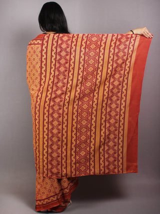 Scarlet Red Mustard Mughal Nakashi Ajrakh Hand Block Printed in Natural Vegetable Colors Cotton Mul Saree - S03170581