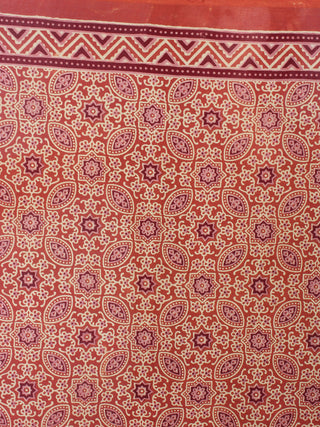 Scarlet Red Mustard Mughal Nakashi Ajrakh Hand Block Printed in Natural Vegetable Colors Cotton Mul Saree - S03170581