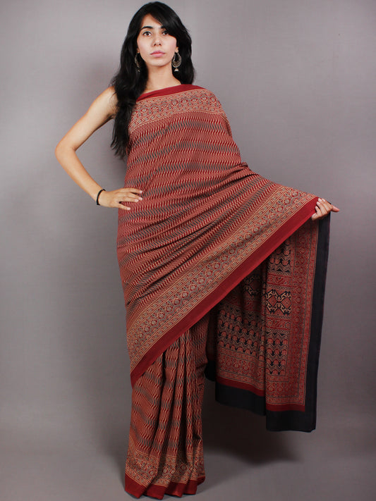 Maroon Beige Black Mughal Nakashi Ajrakh Hand Block Printed in Natural Vegetable Colors Cotton Mul Saree - S03170582