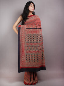 Maroon Beige Black Mughal Nakashi Ajrakh Hand Block Printed in Natural Vegetable Colors Cotton Mul Saree - S03170582