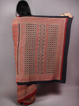 Maroon Beige Black Mughal Nakashi Ajrakh Hand Block Printed in Natural Vegetable Colors Cotton Mul Saree - S03170582