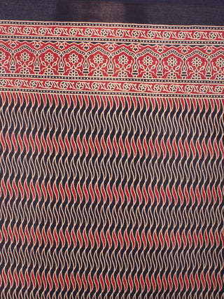 Maroon Beige Black Mughal Nakashi Ajrakh Hand Block Printed in Natural Vegetable Colors Cotton Mul Saree - S03170582