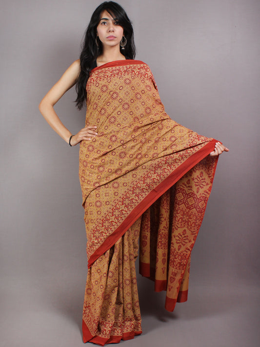 Crimson Red Apricot Mughal Nakashi Ajrakh Hand Block Printed in Natural Vegetable Colors Cotton Mul Saree - S03170583