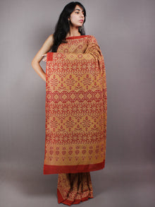 Crimson Red Apricot Mughal Nakashi Ajrakh Hand Block Printed in Natural Vegetable Colors Cotton Mul Saree - S03170583