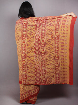 Crimson Red Apricot Mughal Nakashi Ajrakh Hand Block Printed in Natural Vegetable Colors Cotton Mul Saree - S03170583