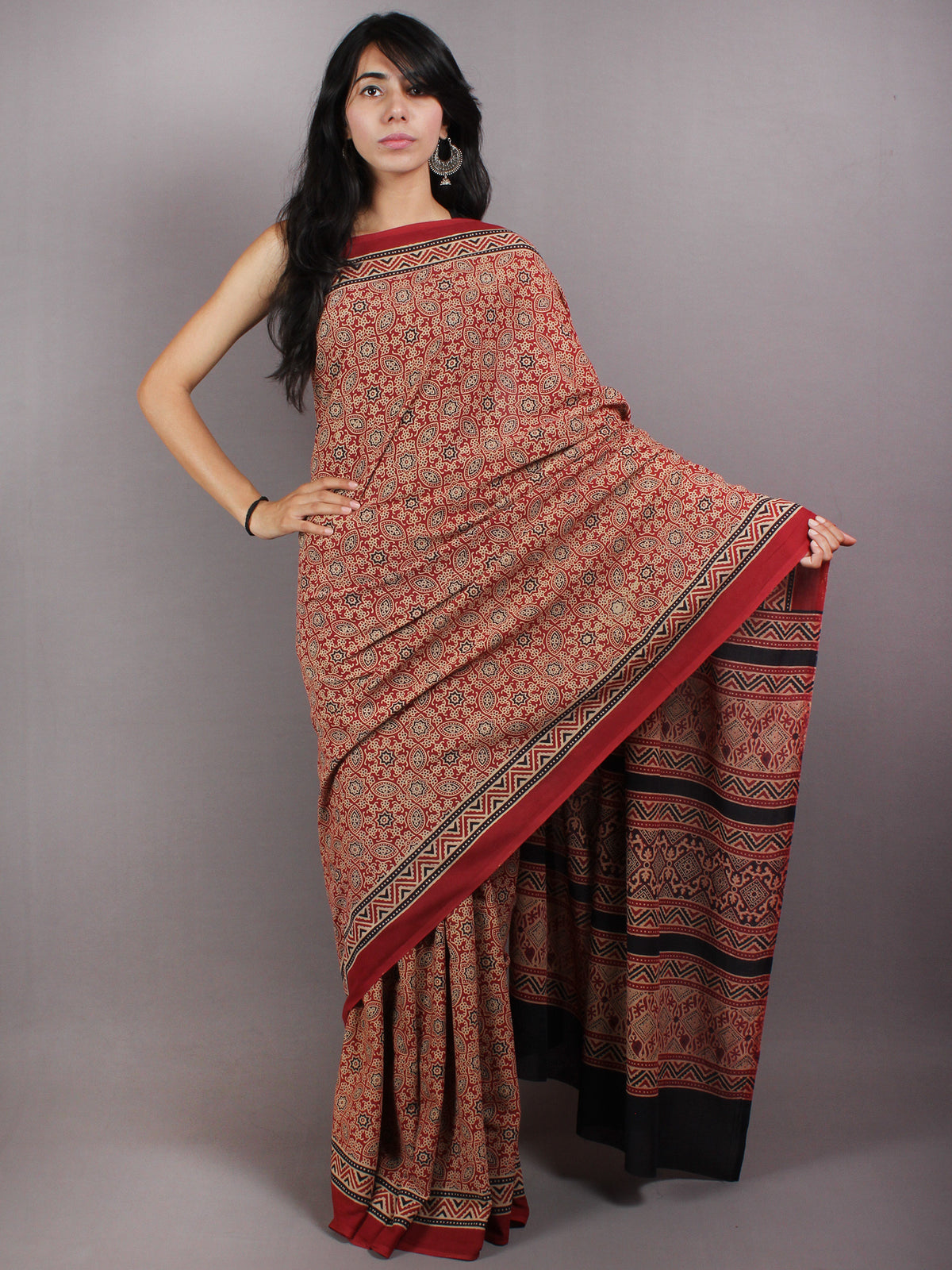 Red Beige Black Mughal Nakashi Ajrakh Hand Block Printed in Natural Vegetable Colors Cotton Mul Saree - S03170584