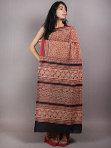 Red Beige Black Mughal Nakashi Ajrakh Hand Block Printed in Natural Vegetable Colors Cotton Mul Saree - S03170584