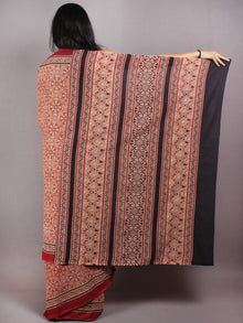 Red Beige Black Mughal Nakashi Ajrakh Hand Block Printed in Natural Vegetable Colors Cotton Mul Saree - S03170584
