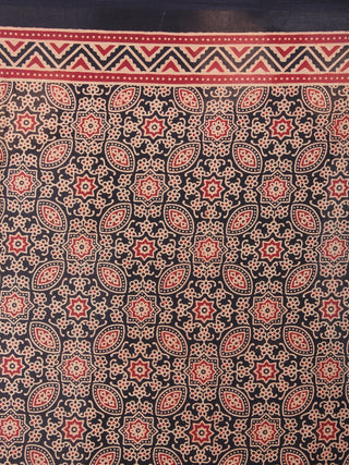 Red Beige Black Mughal Nakashi Ajrakh Hand Block Printed in Natural Vegetable Colors Cotton Mul Saree - S03170584