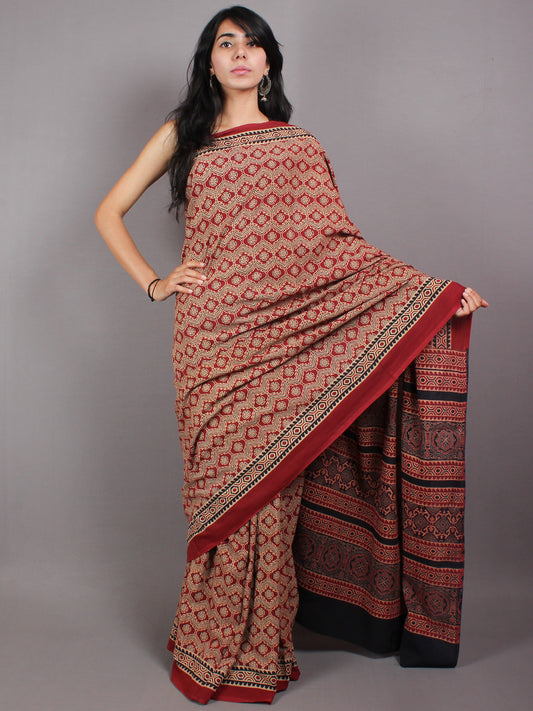 Red Beige Black Mughal Nakashi Ajrakh Hand Block Printed in Natural Vegetable Colors Cotton Mul Saree - S03170585