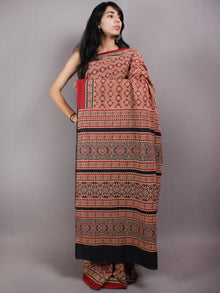 Red Beige Black Mughal Nakashi Ajrakh Hand Block Printed in Natural Vegetable Colors Cotton Mul Saree - S03170585