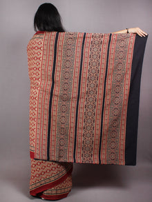 Red Beige Black Mughal Nakashi Ajrakh Hand Block Printed in Natural Vegetable Colors Cotton Mul Saree - S03170585