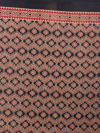 Red Beige Black Mughal Nakashi Ajrakh Hand Block Printed in Natural Vegetable Colors Cotton Mul Saree - S03170585