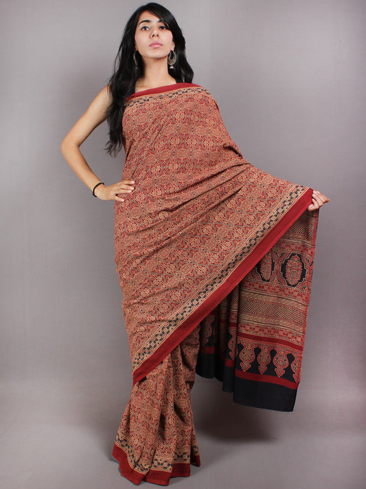 Crimson Red Beige Black Mughal Nakashi Ajrakh Hand Block Printed in Natural Vegetable Colors Cotton Mul Saree - S03170587