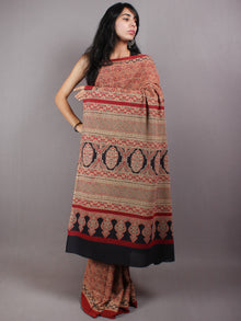 Crimson Red Beige Black Mughal Nakashi Ajrakh Hand Block Printed in Natural Vegetable Colors Cotton Mul Saree - S03170587