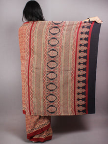 Crimson Red Beige Black Mughal Nakashi Ajrakh Hand Block Printed in Natural Vegetable Colors Cotton Mul Saree - S03170587