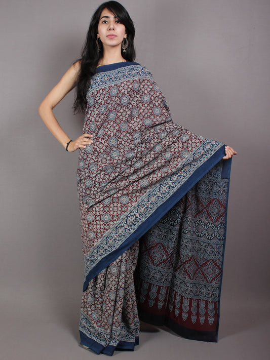 Indigo Maroon Black Beige Mughal Nakashi Ajrakh Hand Block Printed in Natural Vegetable Colors Cotton Mul Saree With Black Blouse - S03170592