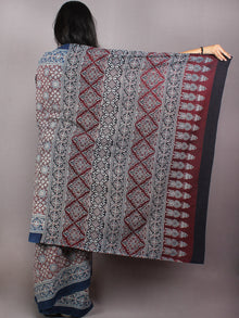 Indigo Maroon Black Beige Mughal Nakashi Ajrakh Hand Block Printed in Natural Vegetable Colors Cotton Mul Saree With Black Blouse - S03170592