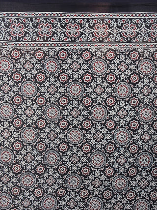 Indigo Maroon Black Beige Mughal Nakashi Ajrakh Hand Block Printed in Natural Vegetable Colors Cotton Mul Saree With Black Blouse - S03170592