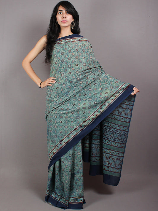 Fern Green Maroon Indigo Mughal Nakashi Ajrakh Hand Block Printed in Natural Vegetable Colors Cotton Mul Saree - S03170593