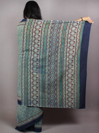 Fern Green Maroon Indigo Mughal Nakashi Ajrakh Hand Block Printed in Natural Vegetable Colors Cotton Mul Saree - S03170593