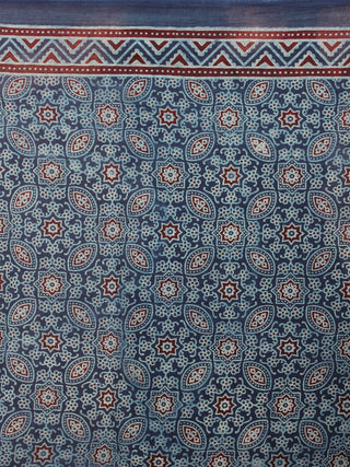Fern Green Maroon Indigo Mughal Nakashi Ajrakh Hand Block Printed in Natural Vegetable Colors Cotton Mul Saree - S03170593