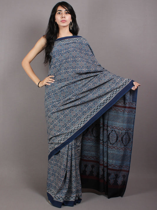 Indigo Beige Cherry Mughal Nakashi Ajrakh Hand Block Printed in Natural Vegetable Colors Cotton Mul Saree - S03170594