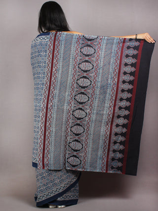 Indigo Beige Cherry Mughal Nakashi Ajrakh Hand Block Printed in Natural Vegetable Colors Cotton Mul Saree - S03170594
