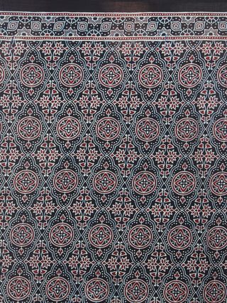 Indigo Beige Cherry Mughal Nakashi Ajrakh Hand Block Printed in Natural Vegetable Colors Cotton Mul Saree - S03170594