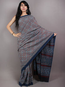Indigo Red Pear Green Mughal Nakashi Ajrakh Hand Block Printed in Natural Vegetable Colors Cotton Mul Saree - S03170599