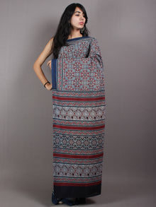 Indigo Red Pear Green Mughal Nakashi Ajrakh Hand Block Printed in Natural Vegetable Colors Cotton Mul Saree - S03170599