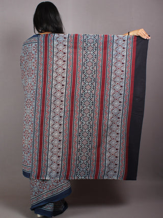 Indigo Red Pear Green Mughal Nakashi Ajrakh Hand Block Printed in Natural Vegetable Colors Cotton Mul Saree - S03170599