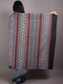 Indigo Red Pear Green Mughal Nakashi Ajrakh Hand Block Printed in Natural Vegetable Colors Cotton Mul Saree - S03170599
