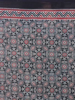 Indigo Red Pear Green Mughal Nakashi Ajrakh Hand Block Printed in Natural Vegetable Colors Cotton Mul Saree - S03170599