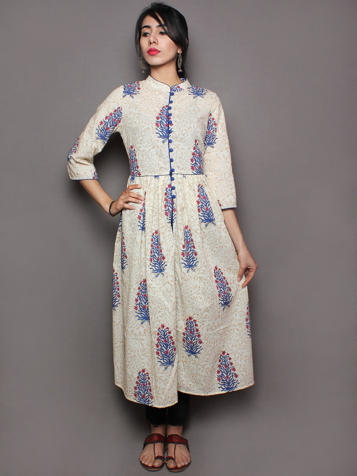 Ivory Beige Indigo Red Hand Block Printed Long Cotton Dress With Front Slit - D1640701
