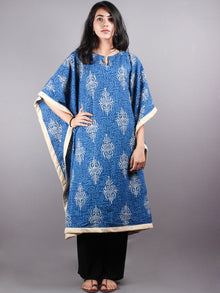 Indigo Hand Block Printed Kaftan With Beige Border - K1162F06