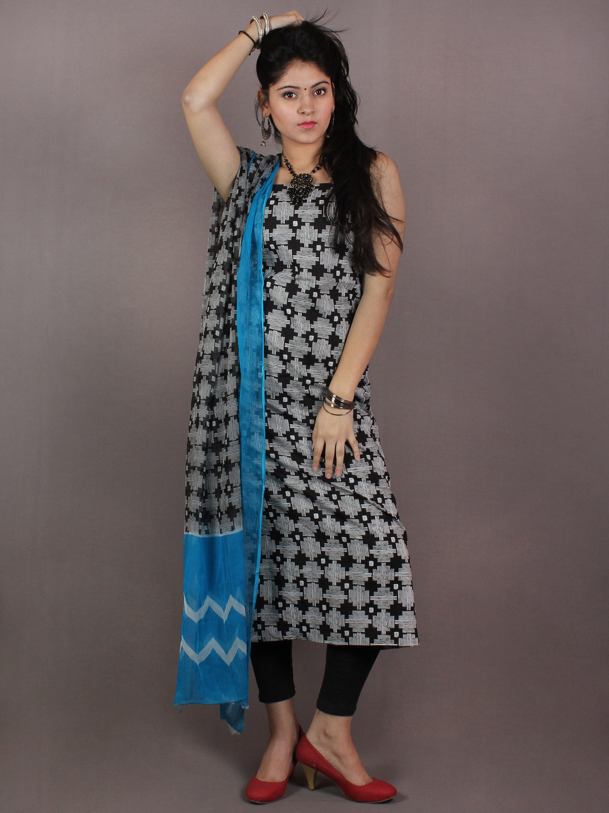 Black White Hand Block Printed Cotton Suit-Salwar Fabric With Chiffon Dupatta - S1628099
