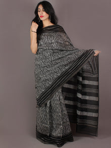 Black White Leharia Hand Block Printed in Natural Vegetable Colors Chanderi Saree With Geecha Border - S03170325