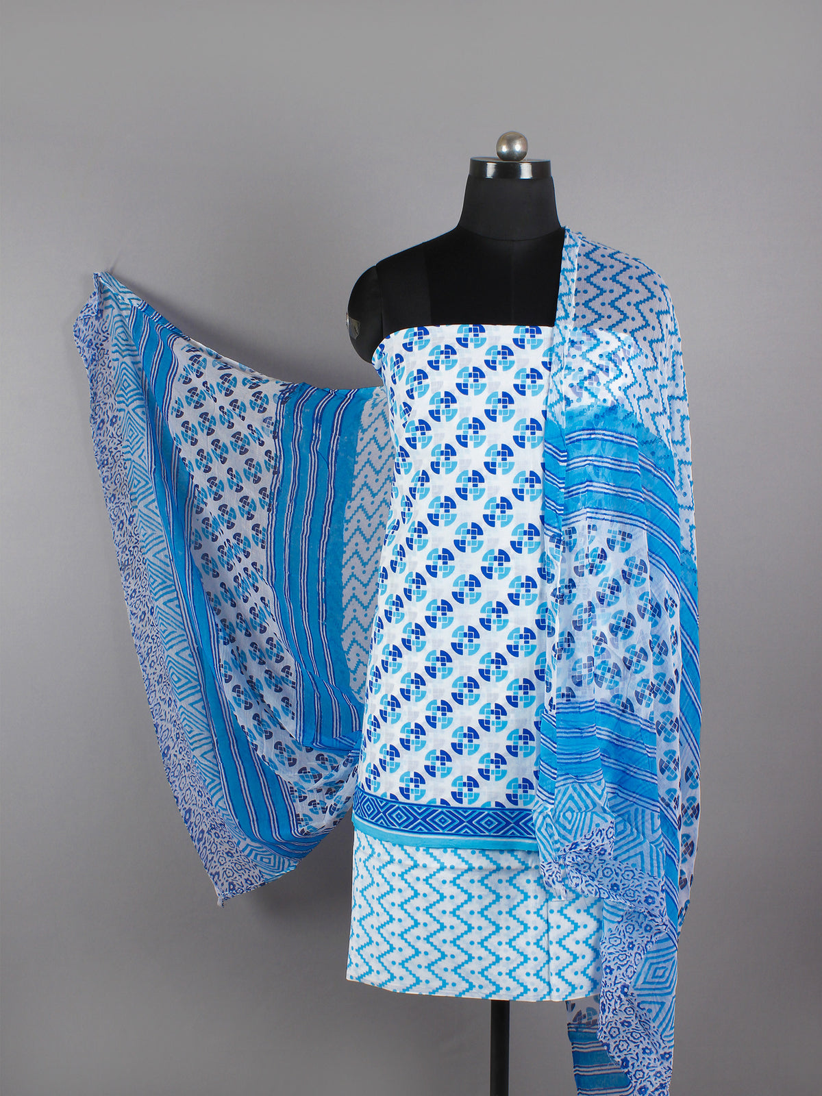 Ivory Blue Hand Block Printed Cotton Suit-Salwar Fabric With Chiffon Dupatta - S16281235