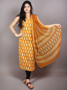 GoldenRod Yellow White Hand Block Printed Cotton Suit-Salwar Fabric With Chiffon Dupatta - S1628046