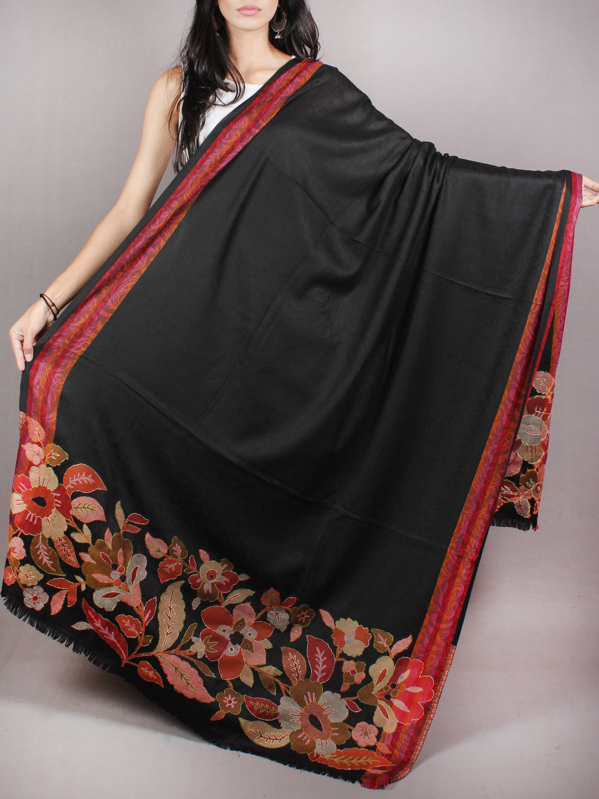 Black Brown Maroon Cashmere Shawl in Paisley-Self With Sozni Border From Kashmir - S200201
