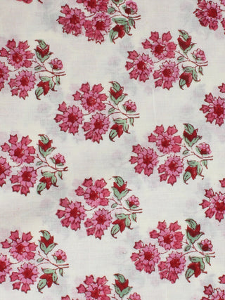 Off White Pink Hand Block Printed Cotton Cambric Fabric Per Meter - F0916406