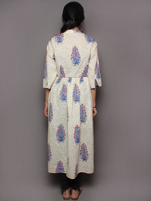 Ivory Beige Indigo Red Hand Block Printed Long Cotton Dress With Front Slit - D1640701