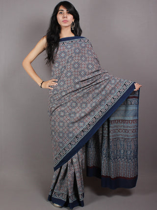 Indigo Maroon Mughal Nakashi Ajrakh Hand Block Printed in Natural Vegetable Colors Cotton Mul Saree - S03170601
